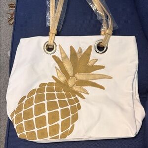 White Tote Bag with Gold Pineapple Accent